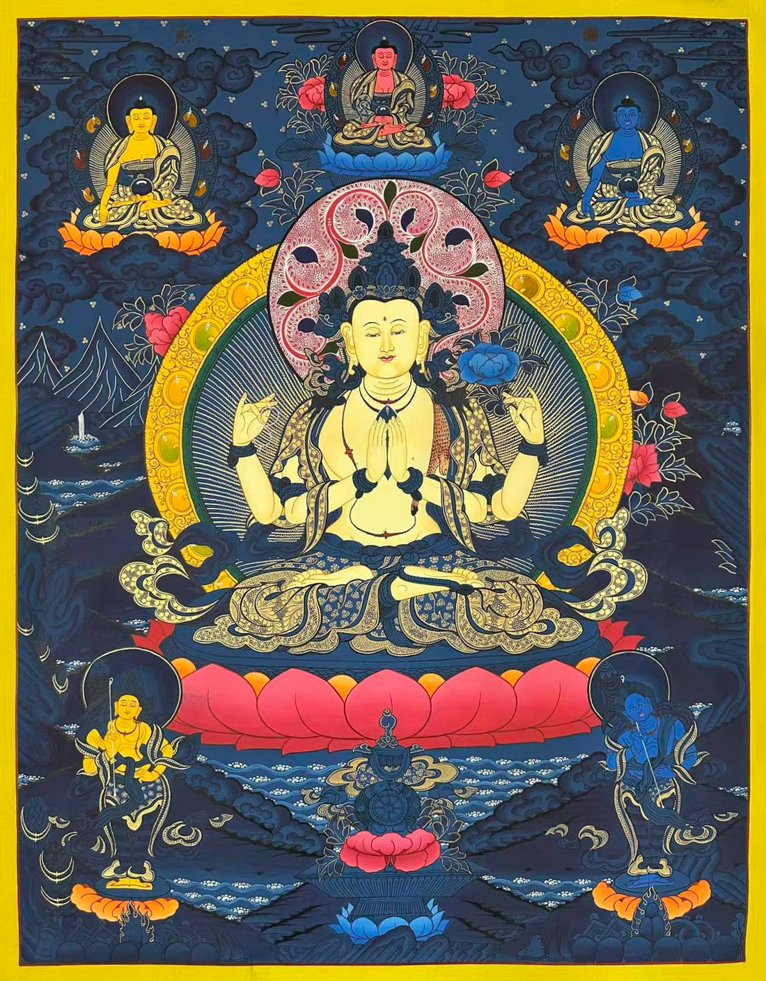Chenrezig thangka, 77×98 cm: four-armed Chenrezig on deep blue, with three Buddhas above and two standing bodhisattvas below