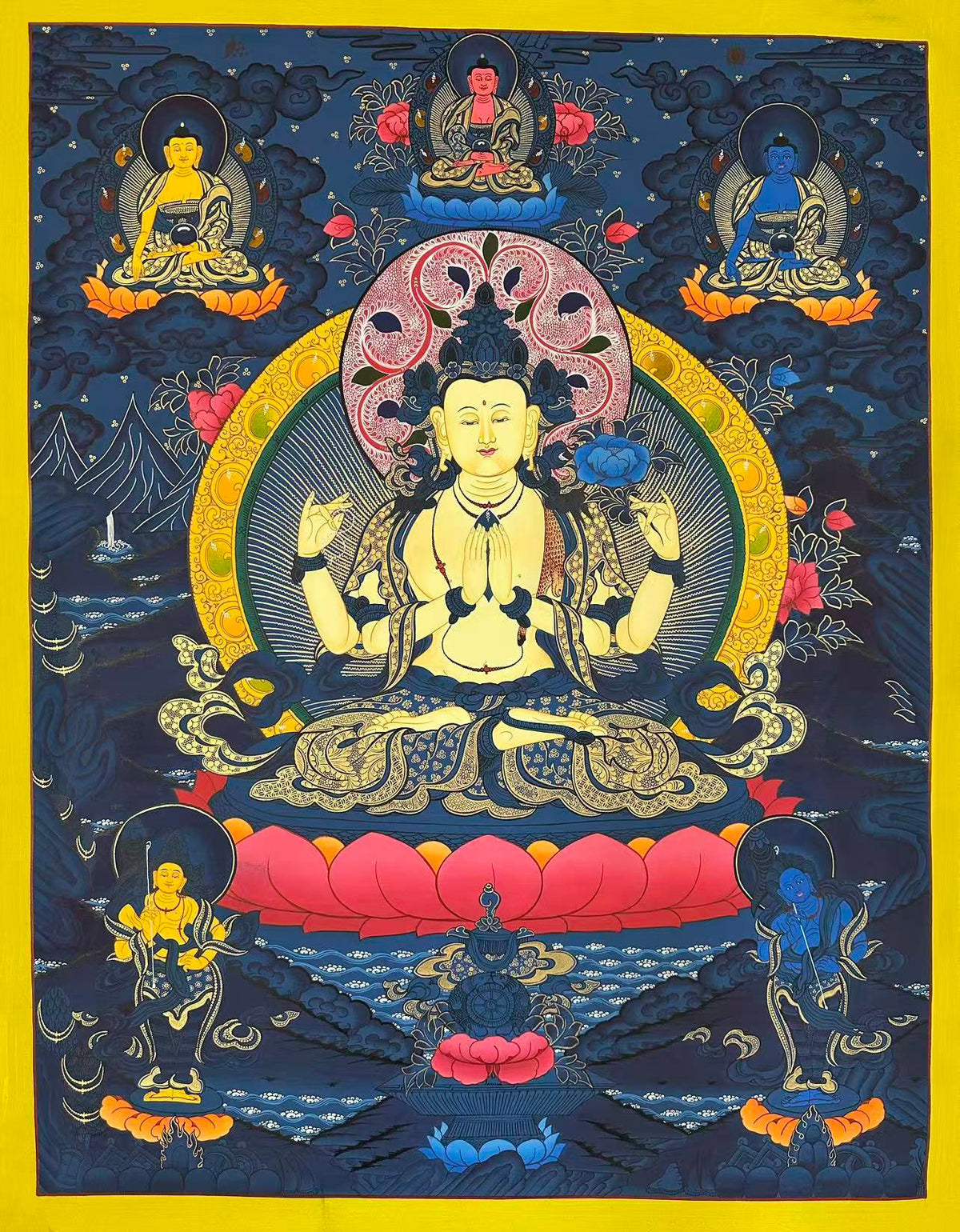 Chenrezig thangka, 77×98 cm: four-armed Chenrezig on deep blue, with three Buddhas above and two standing bodhisattvas below
