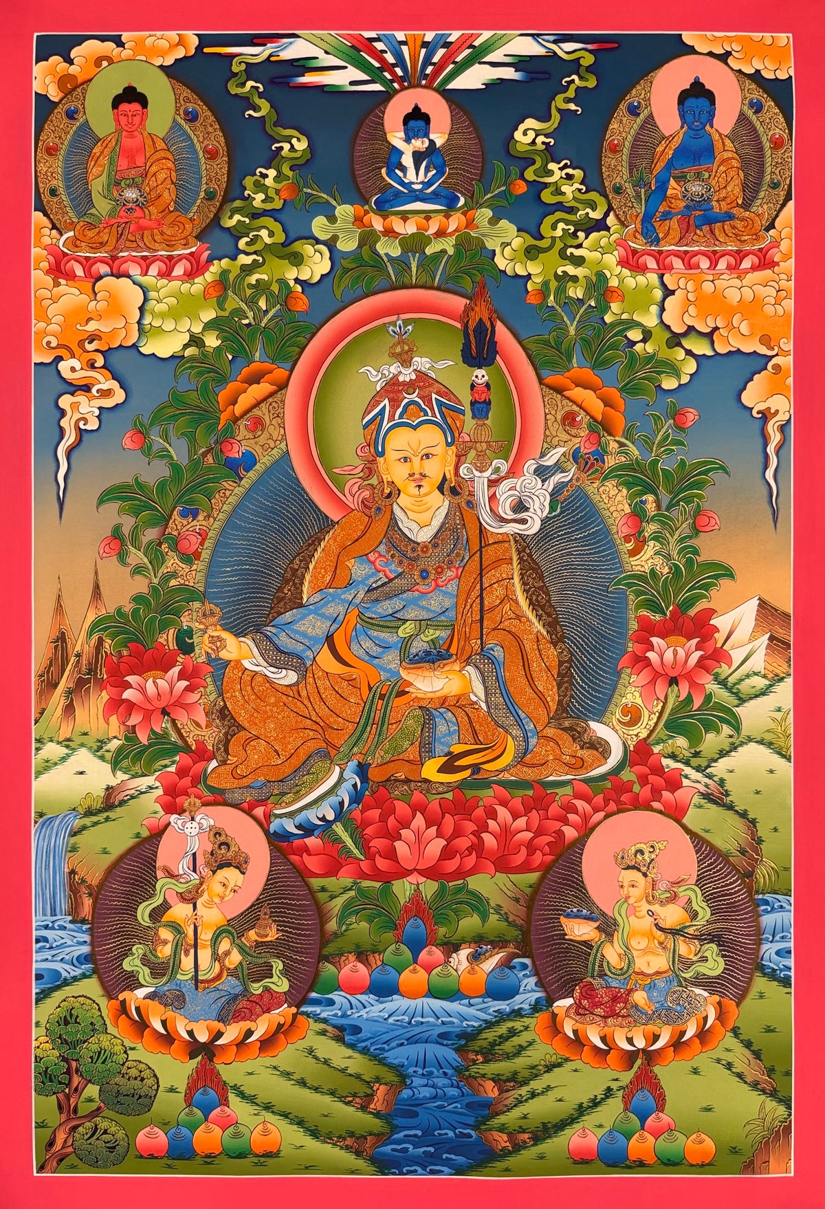 Padmasambhava thangka, 60×83 cm: Padmasambhava on a red lotus with Amitabha, the Medicine Buddha and Samantabhadra above and his two consorts below