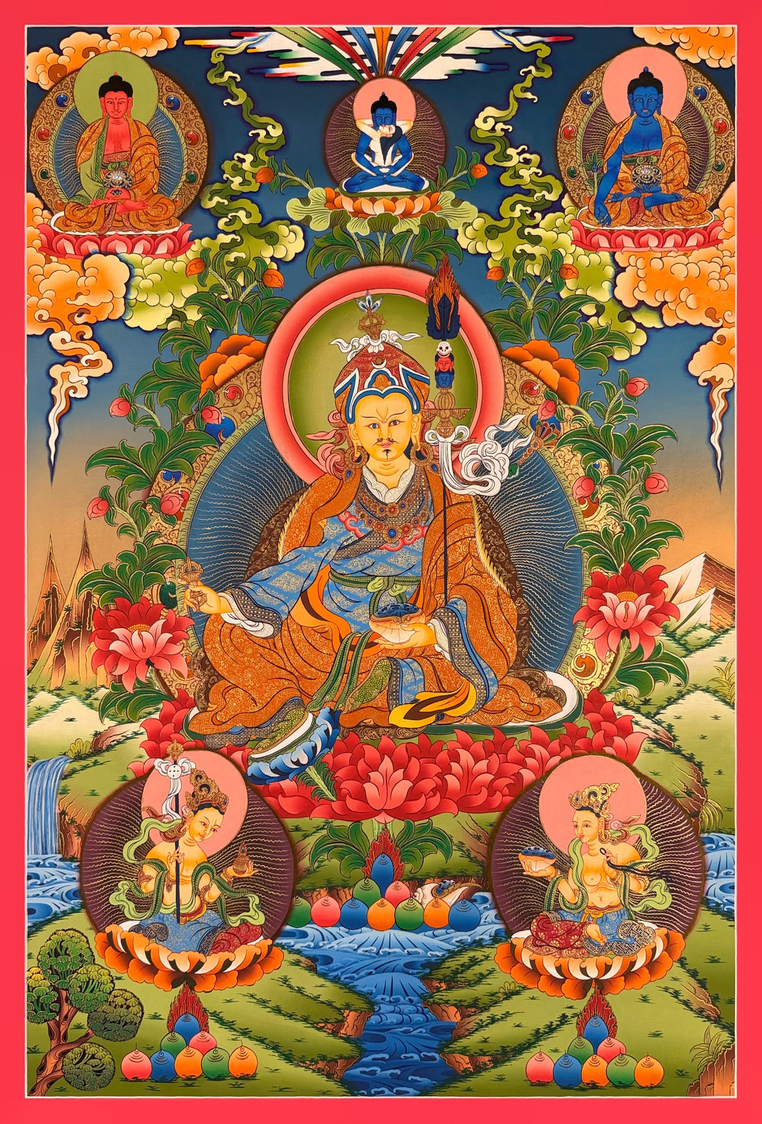 Padmasambhava thangka, 60×83 cm: Padmasambhava on a red lotus with Amitabha, the Medicine Buddha and Samantabhadra above and his two consorts below