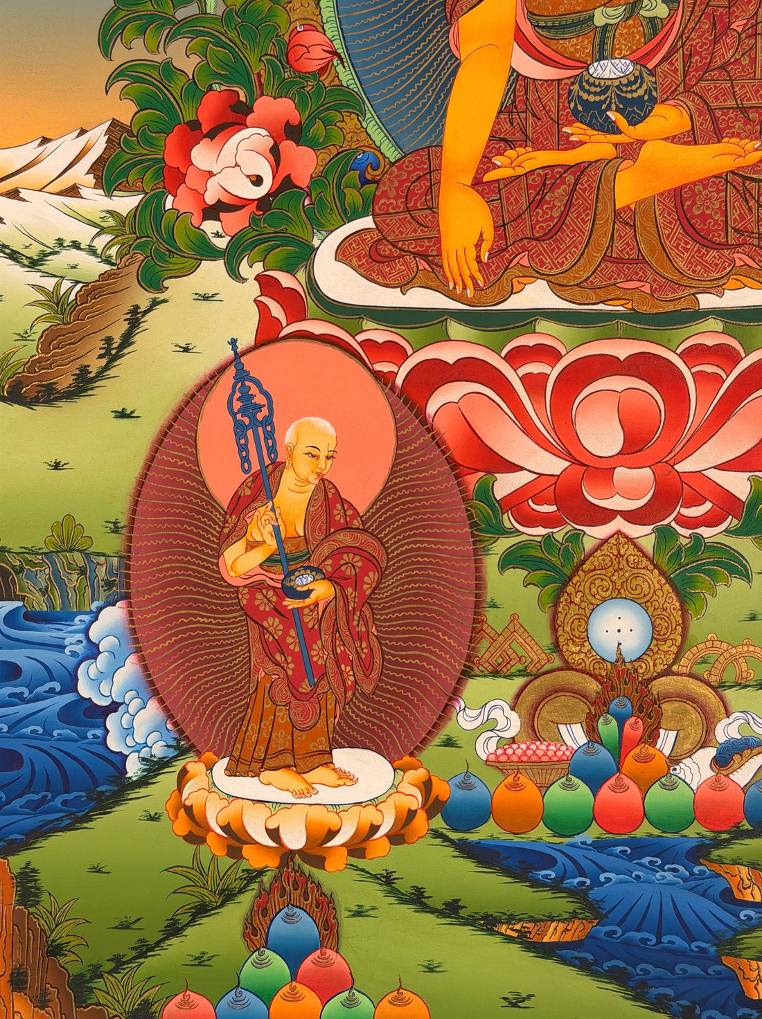 Shakyamuni Buddha thangka, 60×83 cm: Shakyamuni touching the earth, with Amitabha and the Medicine Buddha above and his two disciples below