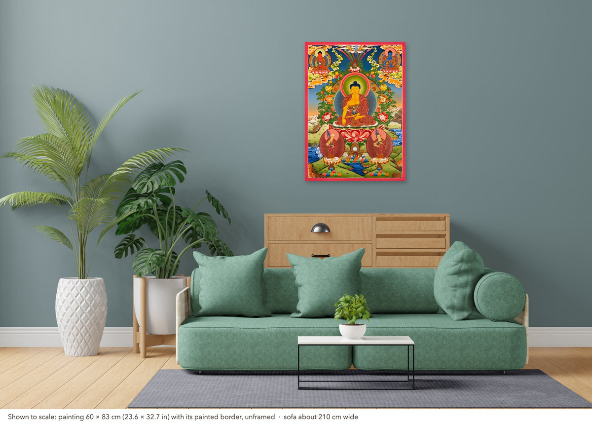 Shakyamuni Buddha thangka shown to scale in a living room, unframed, above a sofa about 210 cm wide (60×83 cm)