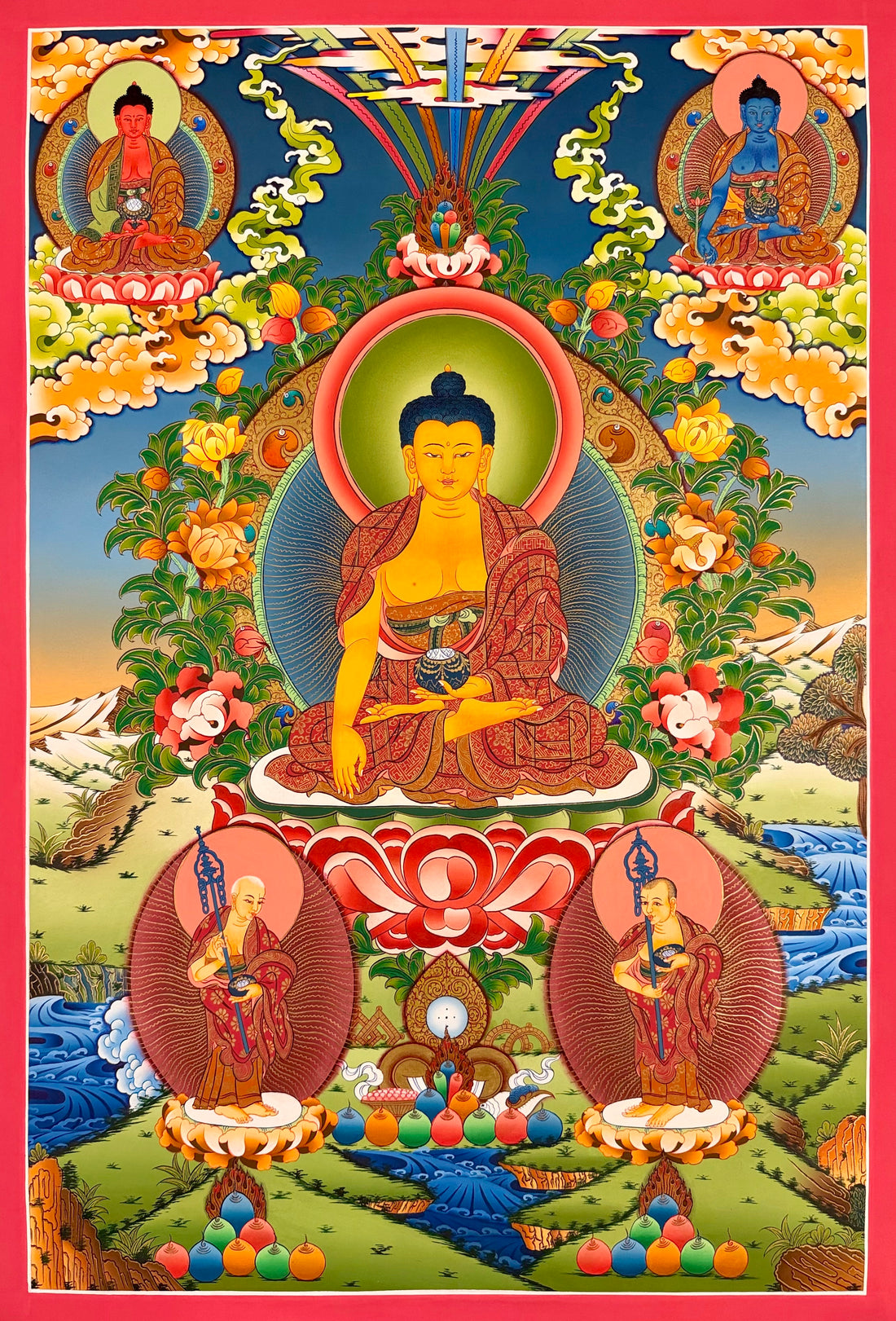 Shakyamuni Buddha thangka, 60×83 cm: Shakyamuni touching the earth, with Amitabha and the Medicine Buddha above and his two disciples below