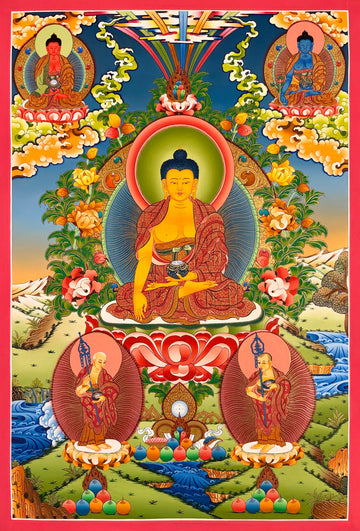 Shakyamuni Buddha thangka, 60×83 cm: Shakyamuni touching the earth, with Amitabha and the Medicine Buddha above and his two disciples below