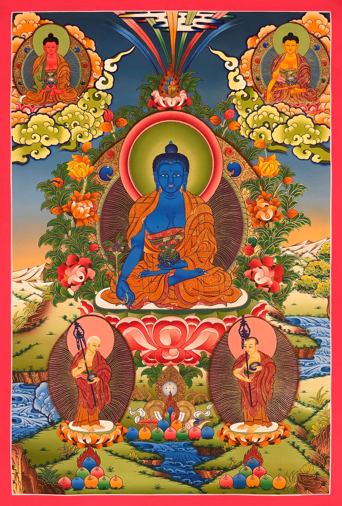 Medicine Buddha thangka, 60×83 cm: the blue Medicine Buddha with Amitabha and Shakyamuni above and two disciples below