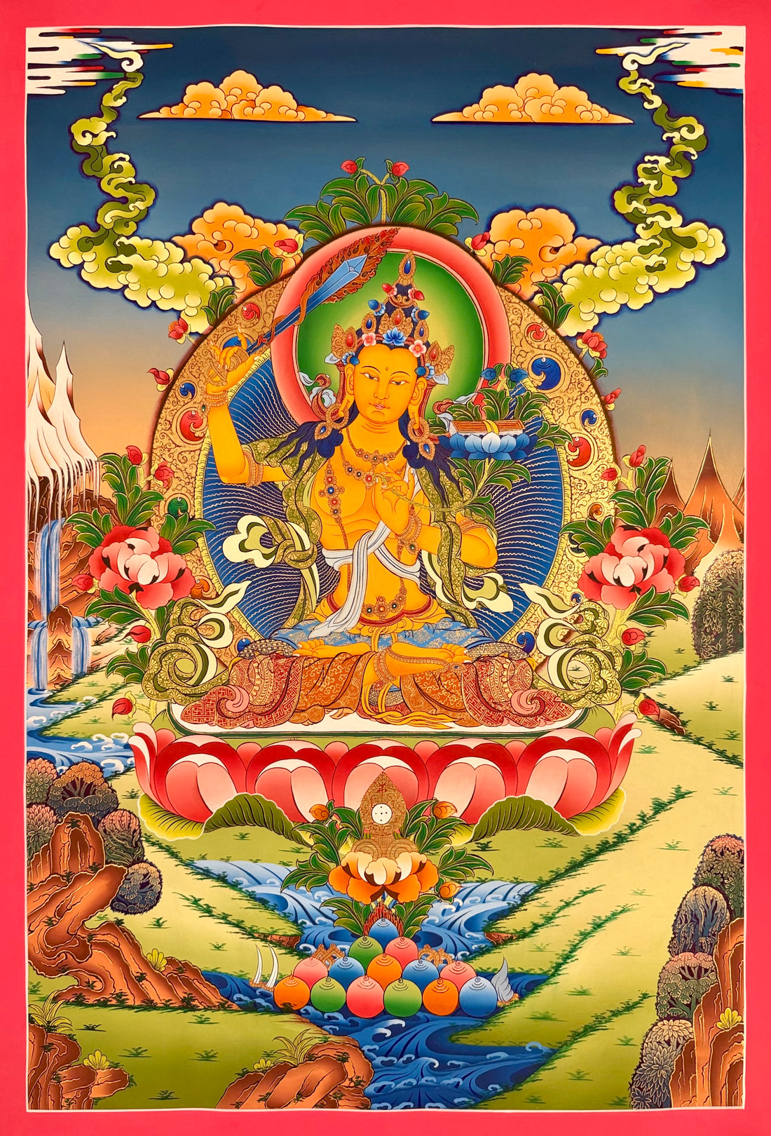 Manjushri thangka, 60×83 cm: Manjushri raising his flaming sword on a red lotus, with peonies, rainbow streamers and snow peaks