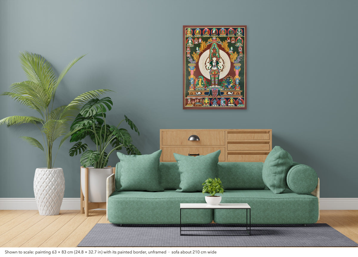 Lokeshwor thangka shown to scale in a living room, unframed, above a sofa about 210 cm wide (63×83 cm)