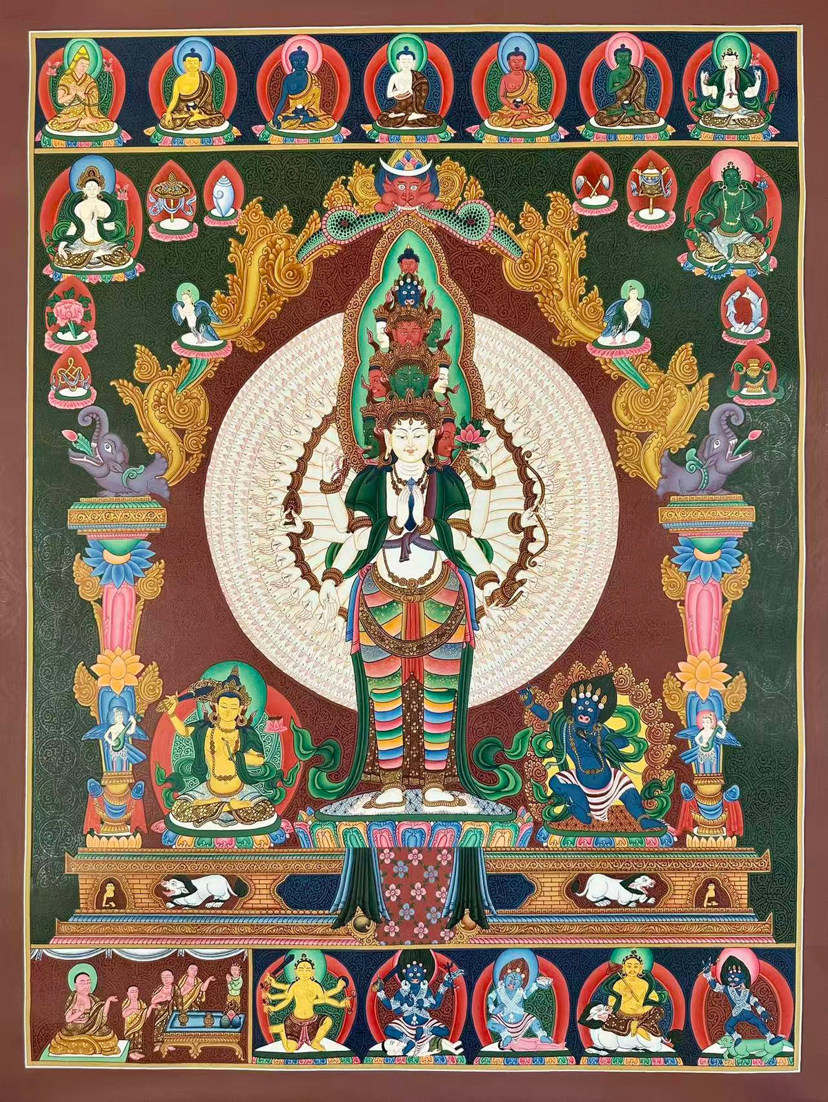 Lokeshwor thangka, 63×83 cm: thousand-armed Lokeshwor standing under a Newar-style arch, with Manjushri, Vajrapani and the Taras