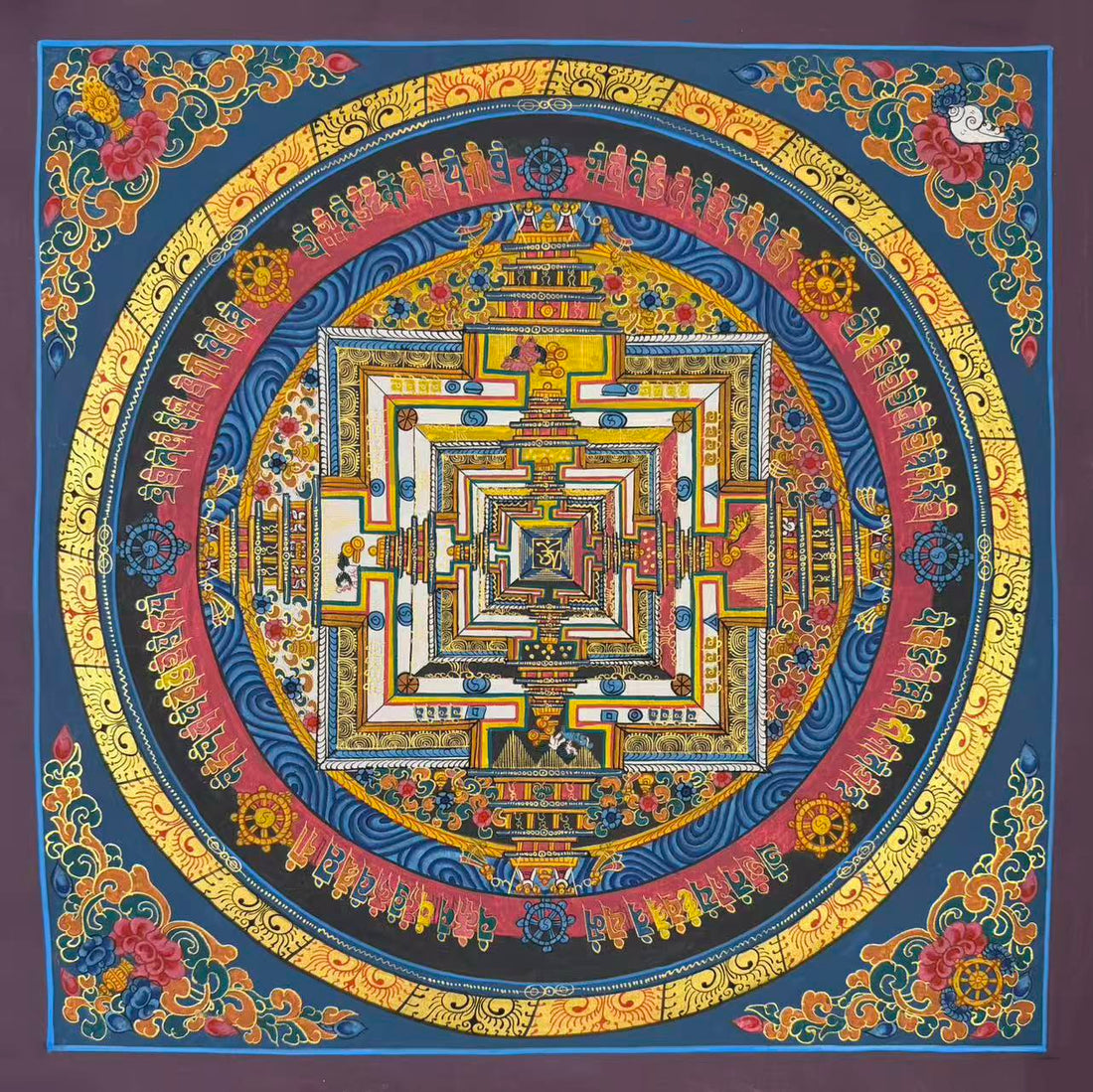 Kalachakra Mandala thangka, 55×55 cm: Kalachakra palace mandala on slate blue, with peonies and offerings in the corners