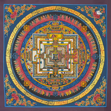 Kalachakra Mandala thangka, 55×55 cm: Kalachakra palace mandala on slate blue, with peonies and offerings in the corners