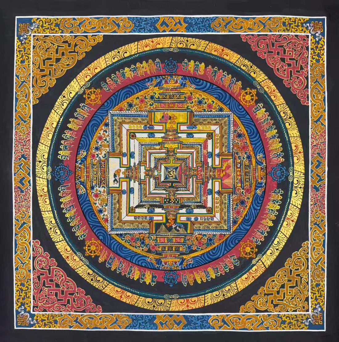 Kalachakra Mandala thangka, 55×55 cm: Kalachakra palace mandala in gold-coloured, red and blue on black, with knot-pattern corners