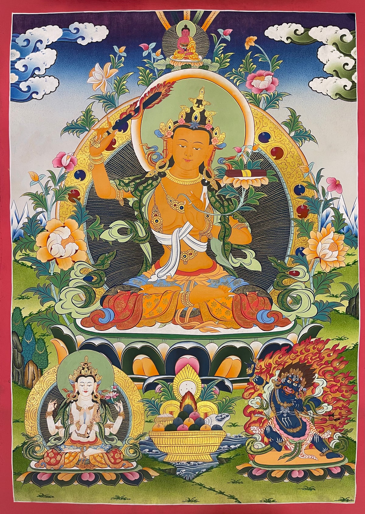 Manjushri thangka, 54×76 cm: Manjushri raising his flaming sword, with Amitabha above and Chenrezig and Vajrapani below