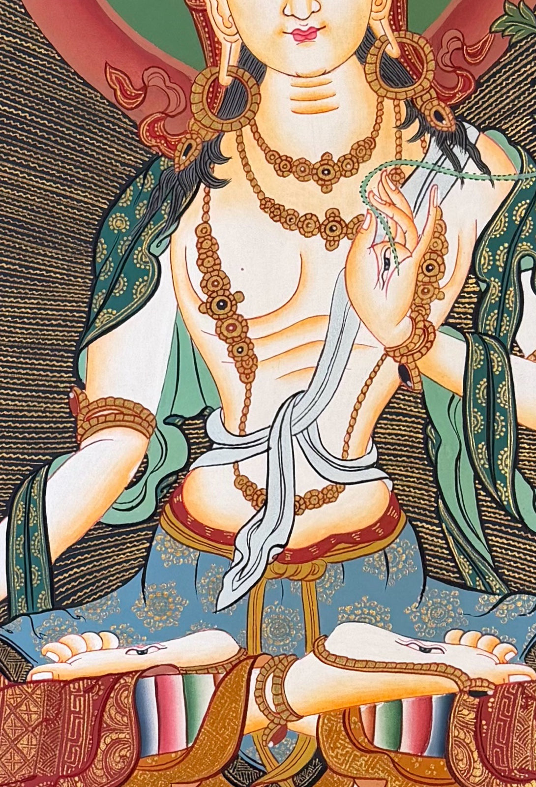 White Tara thangka, 58×83 cm: White Tara with the five Buddhas above and Amitayus and Namgyalma below