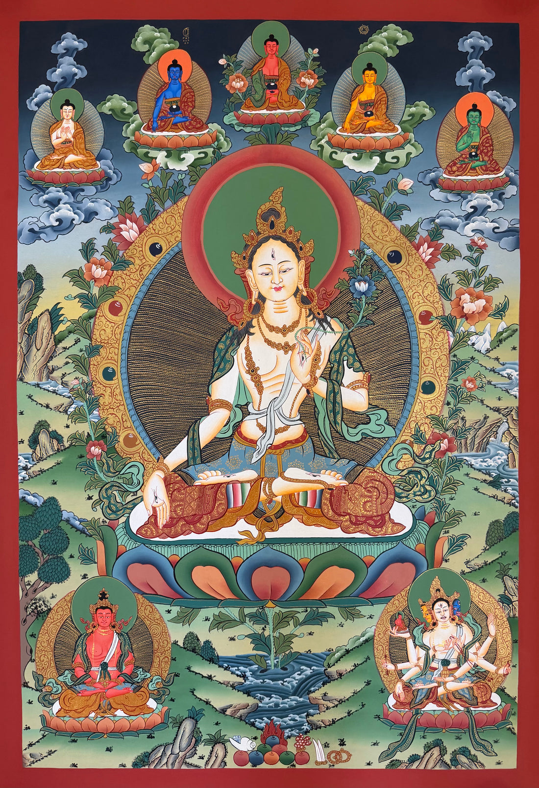 White Tara thangka, 58×83 cm: White Tara with the five Buddhas above and Amitayus and Namgyalma below