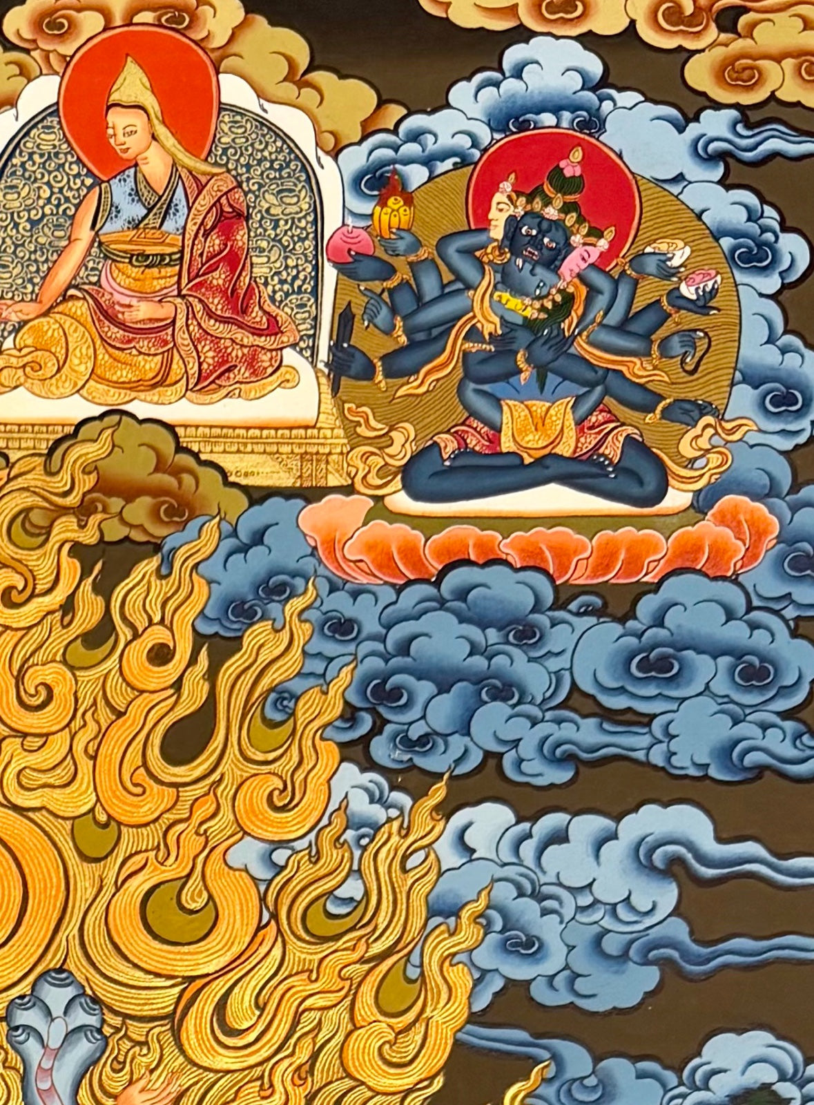 Yamantaka with Consort thangka, detail: top-right corner