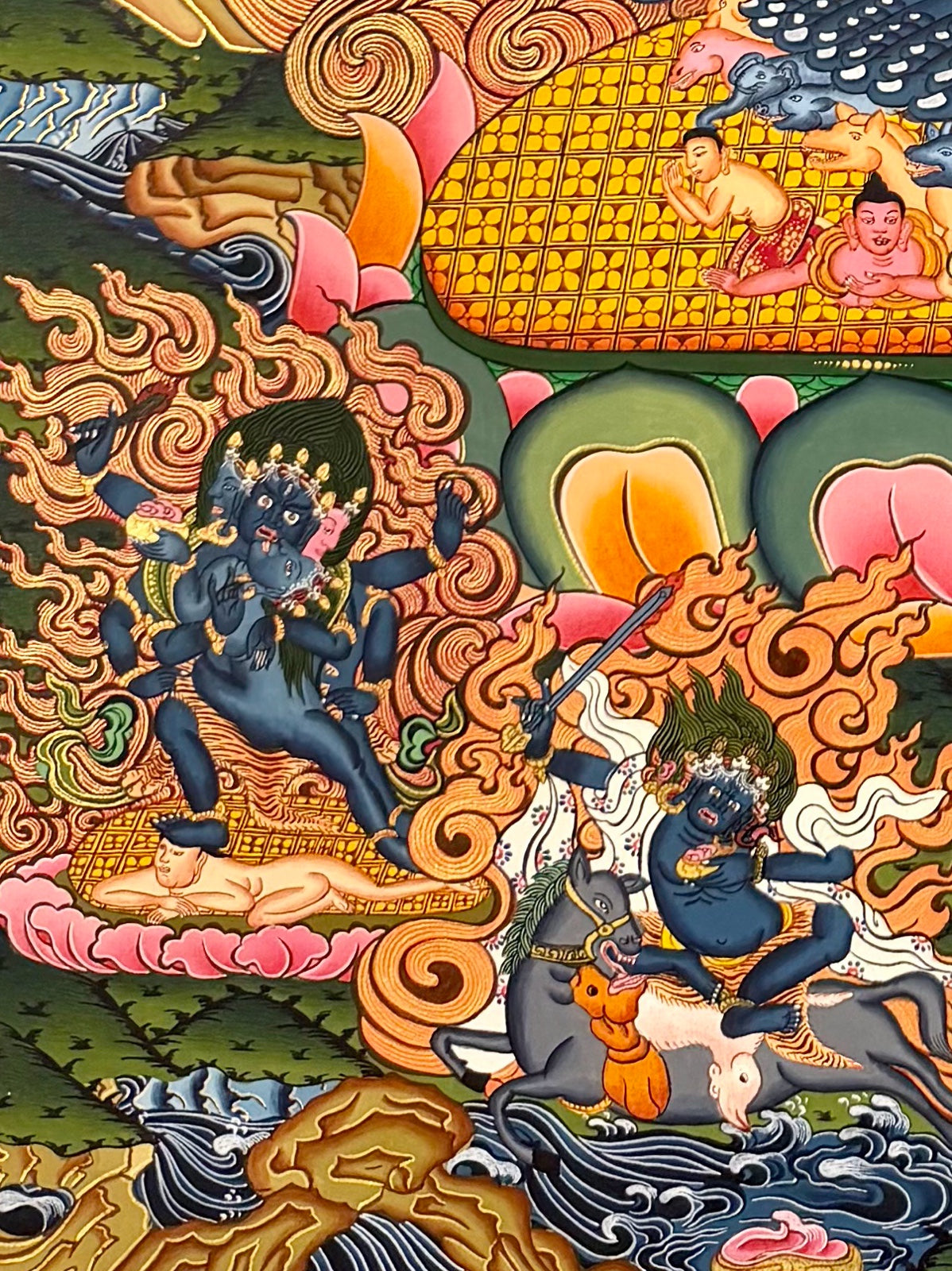 Yamantaka with Consort thangka, detail: bottom-left corner