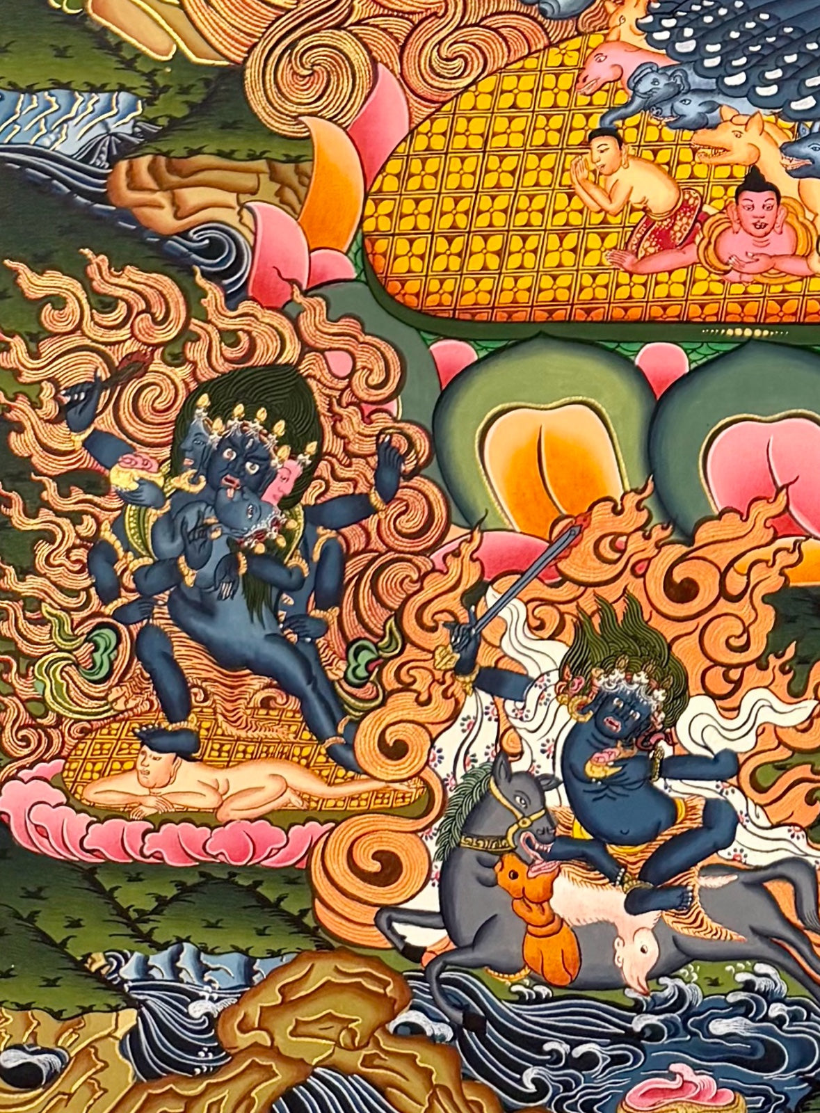 Yamantaka with Consort thangka, detail: bottom-left corner