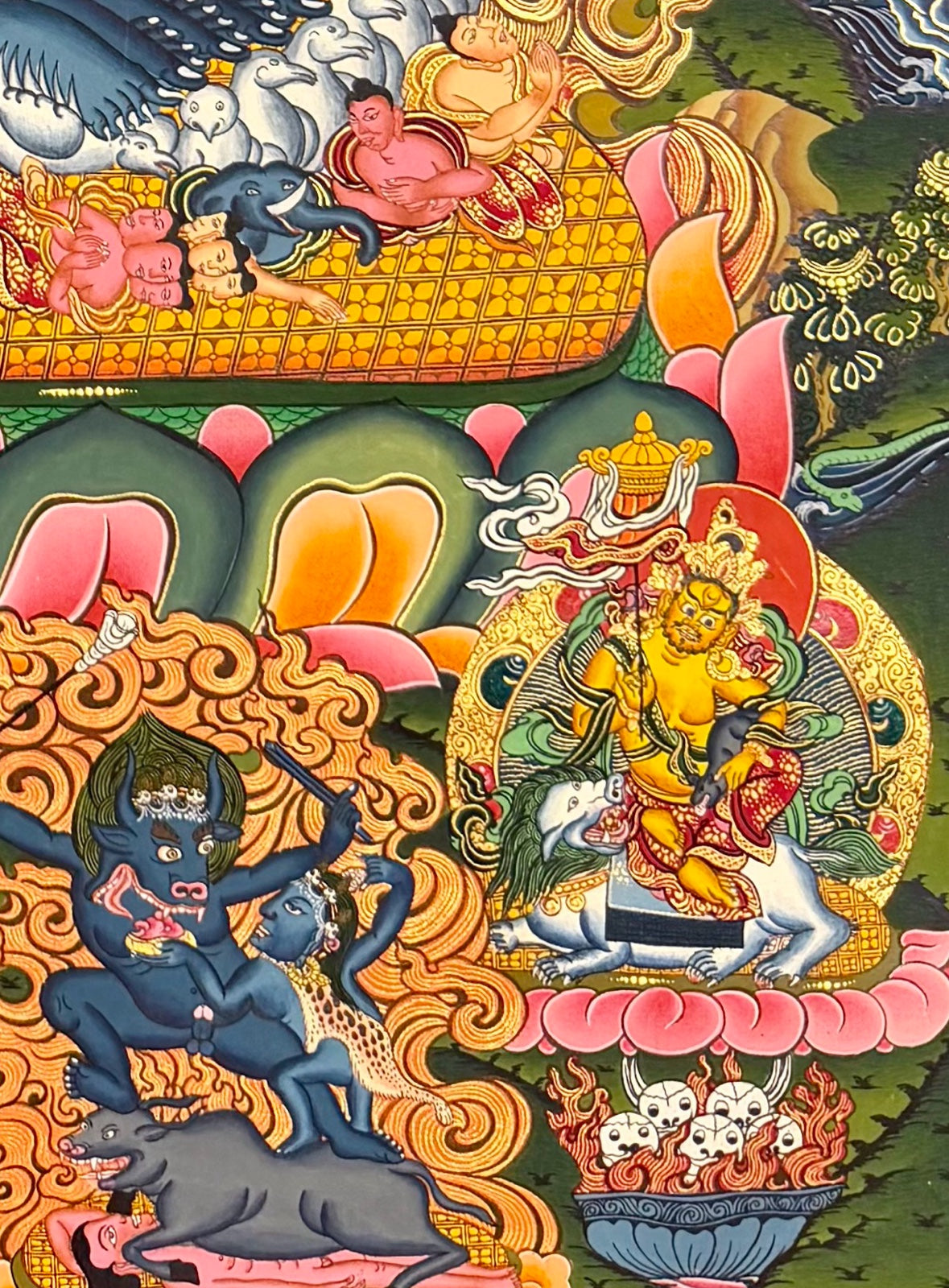 Yamantaka with Consort thangka, detail: bottom-right corner