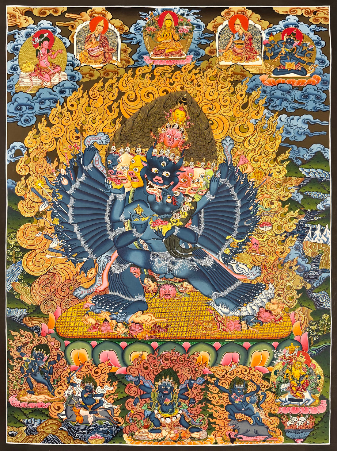 Yamantaka with Consort thangka, 62×82 cm: buffalo-headed Yamantaka in union with his consort amid gold-coloured flames