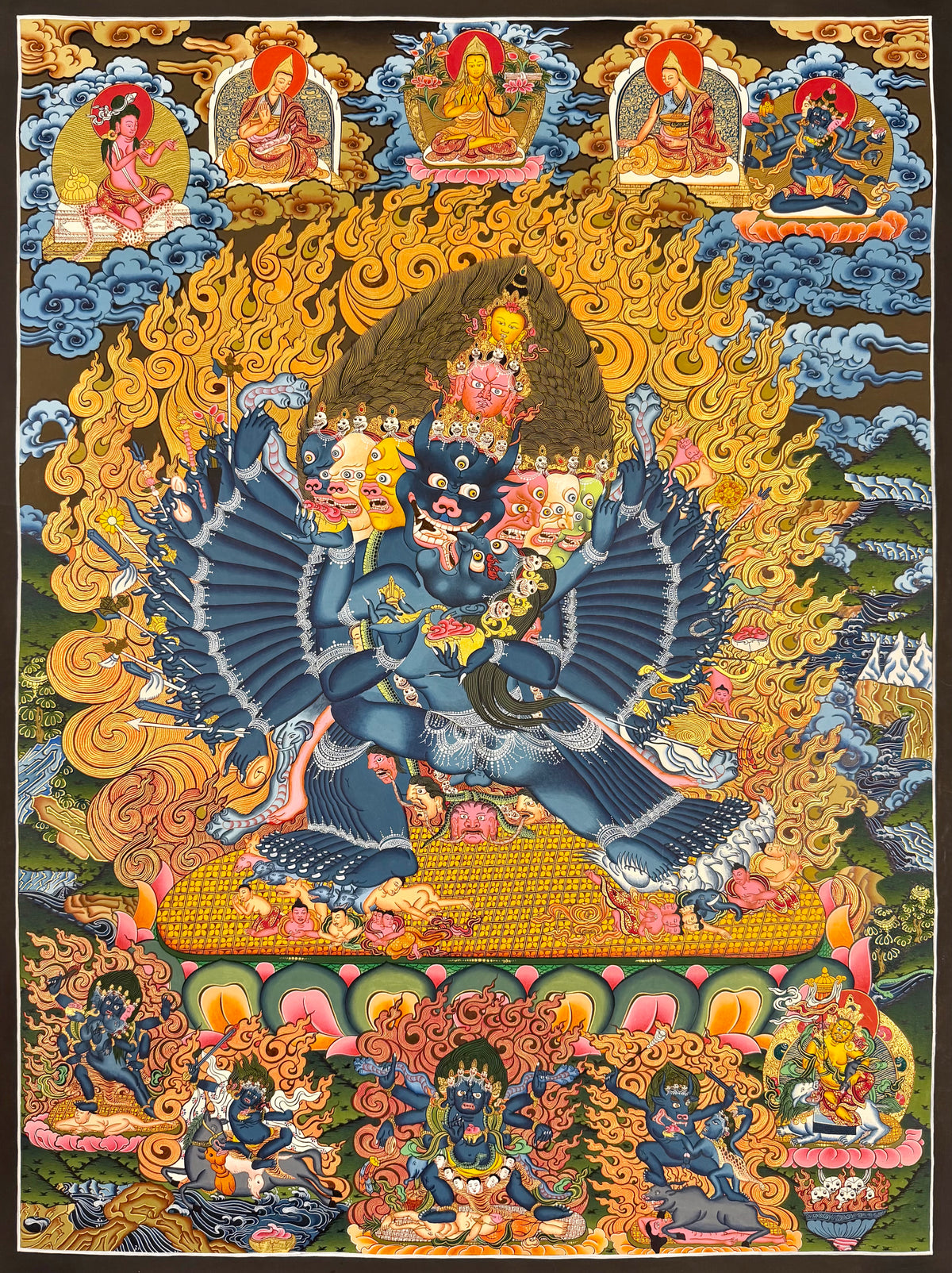 Yamantaka with Consort thangka, 62×82 cm: buffalo-headed Yamantaka in union with his consort amid gold-coloured flames