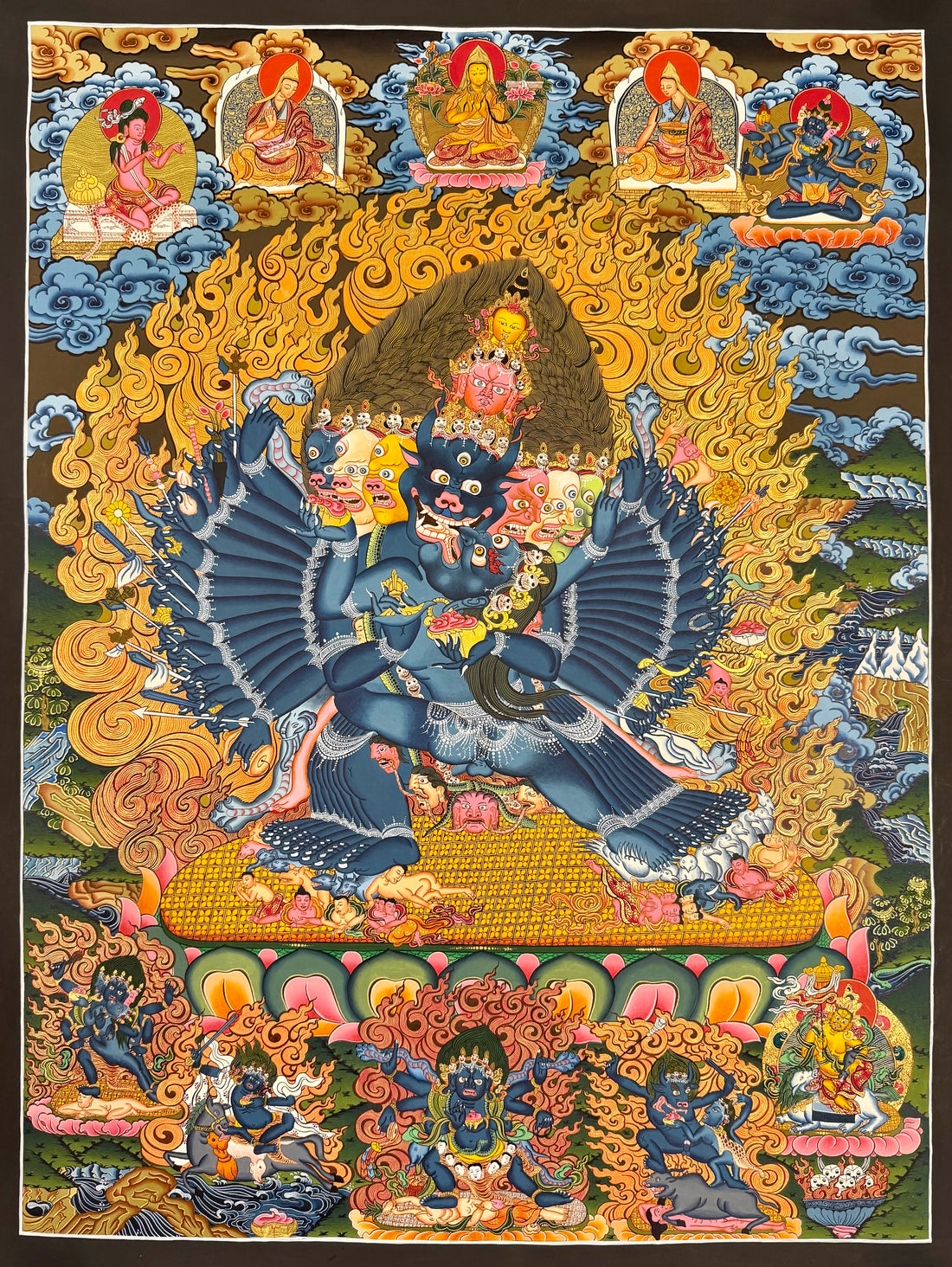 Yamantaka with Consort thangka, 62×82 cm: buffalo-headed Yamantaka in union with his consort amid gold-coloured flames