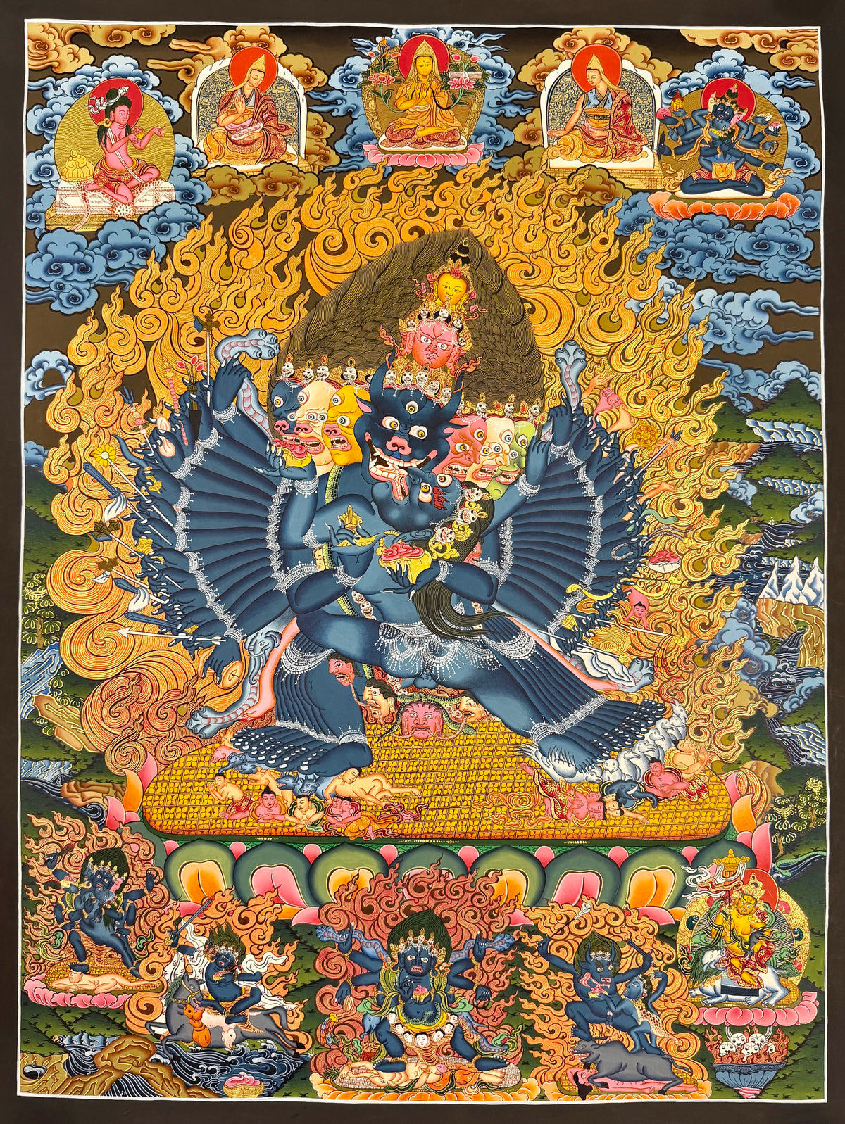 Yamantaka with Consort thangka, 62×82 cm: buffalo-headed Yamantaka in union with his consort amid gold-coloured flames