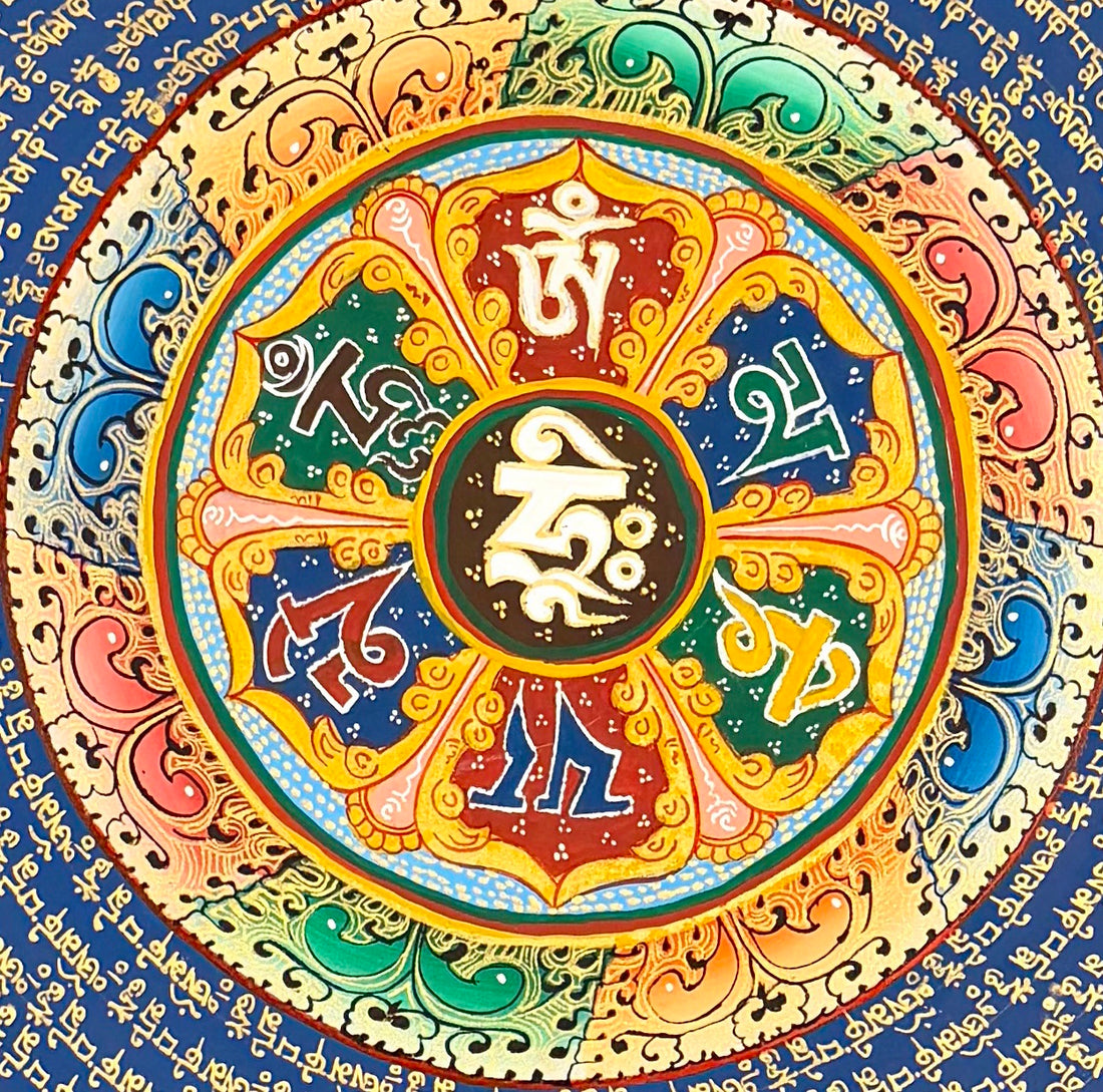 Mantra Mandala thangka, 77×77 cm: a six-syllable mantra mandala on deep blue