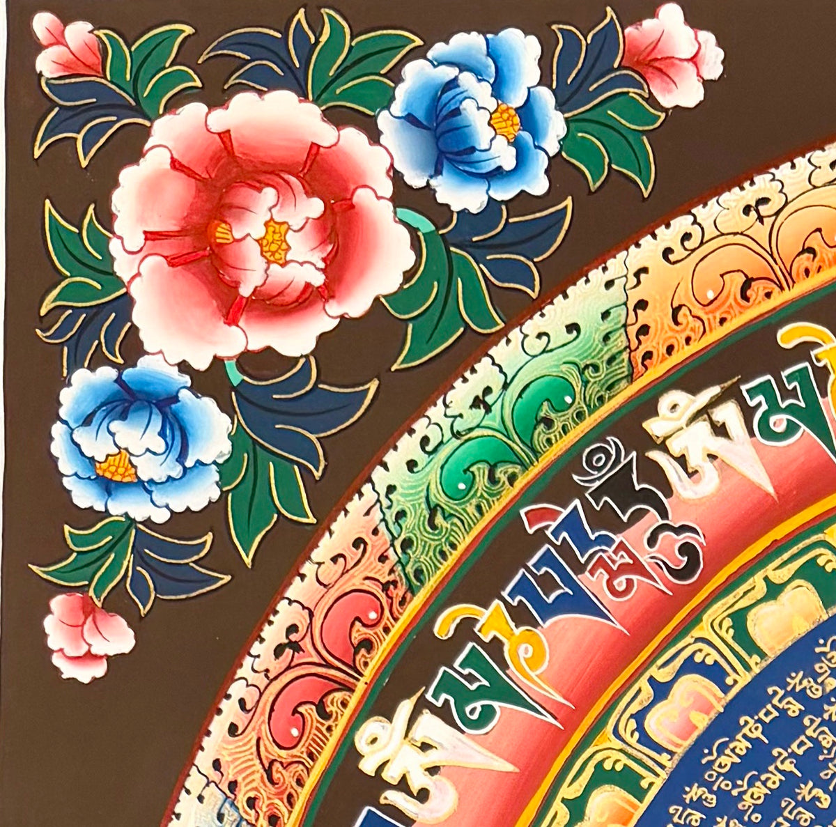 Mantra Mandala thangka, detail: top-left corner