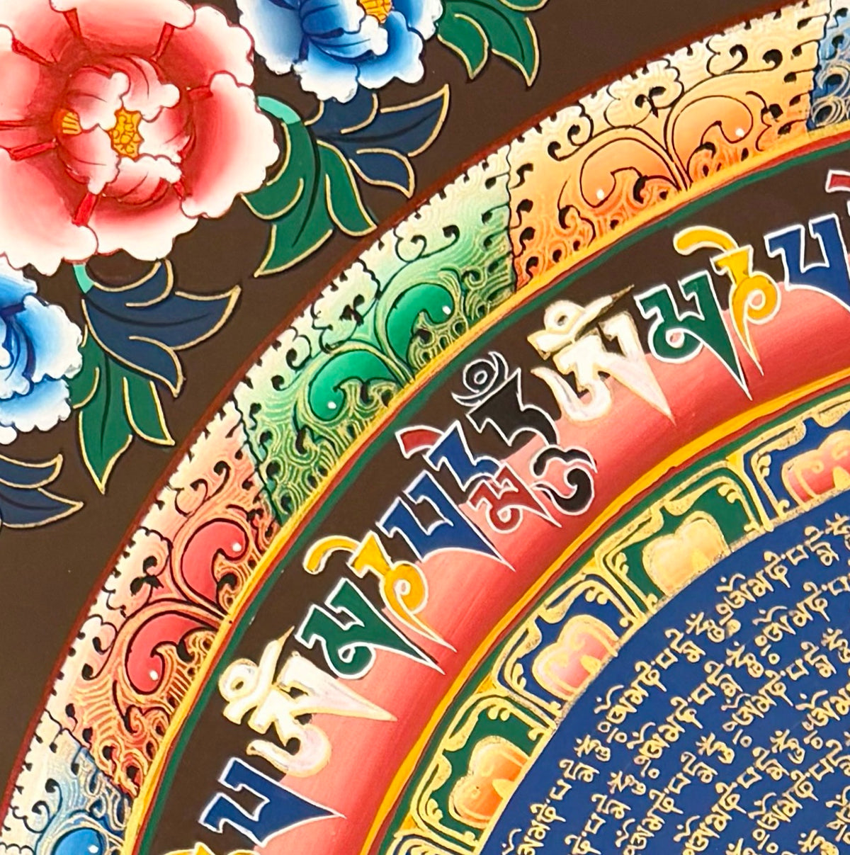 Mantra Mandala thangka, detail: top-left corner