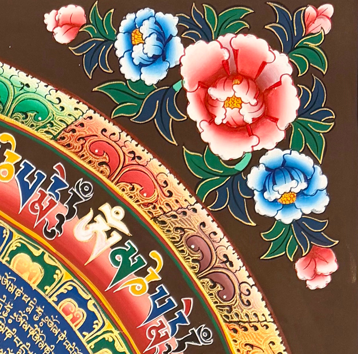 Mantra Mandala thangka, detail: top-right corner
