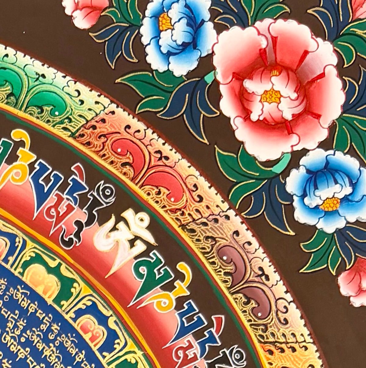 Mantra Mandala thangka, detail: top-right corner