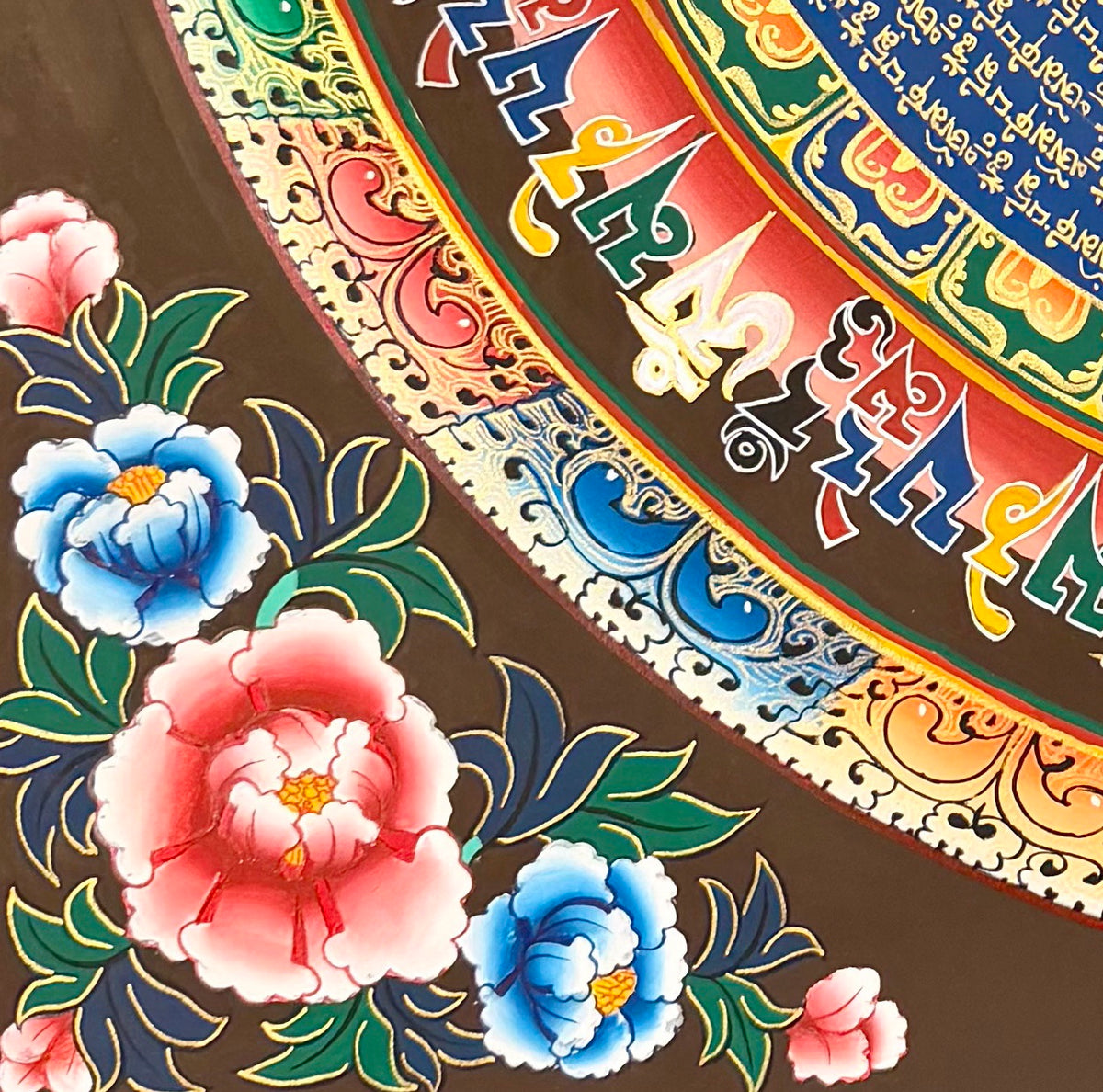 Mantra Mandala thangka, detail: bottom-left corner