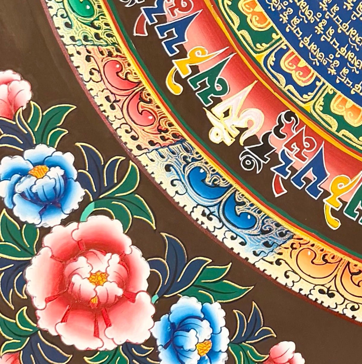 Mantra Mandala thangka, detail: bottom-left corner
