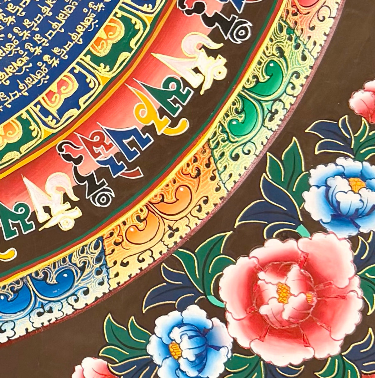 Mantra Mandala thangka, detail: bottom-right corner