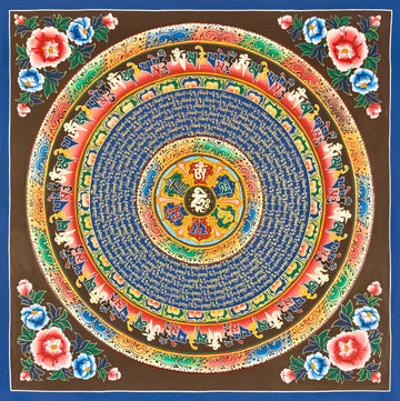 Mantra Mandala thangka, 77×77 cm: a six-syllable mantra mandala on deep blue