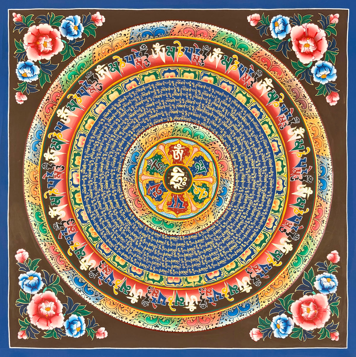 Mantra Mandala thangka, 77×77 cm: a six-syllable mantra mandala on deep blue