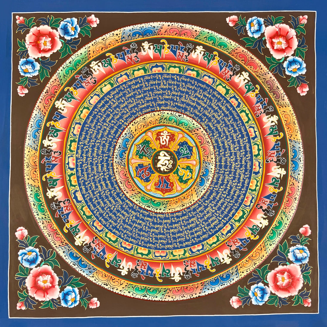 Mantra Mandala thangka, 77×77 cm: a six-syllable mantra mandala on deep blue