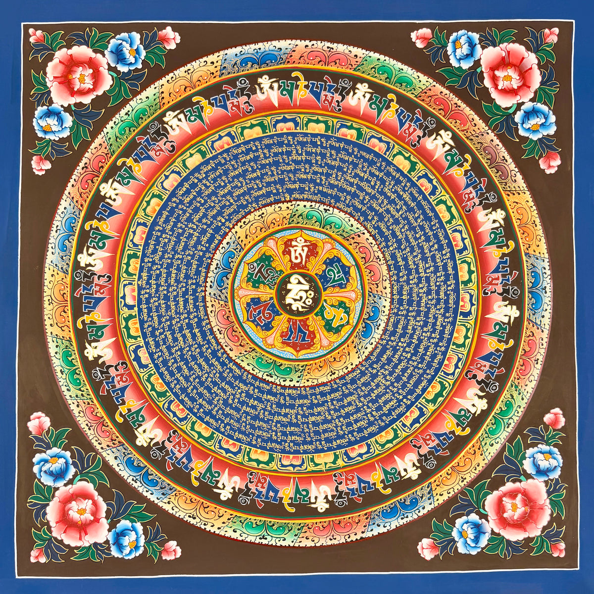 Mantra Mandala thangka, 77×77 cm: a six-syllable mantra mandala on deep blue