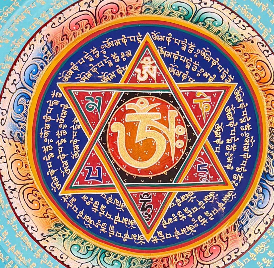 Mantra Mandala thangka, 77×77 cm: a mantra mandala with a six-pointed star around Om, on turquoise and teal, on orange
