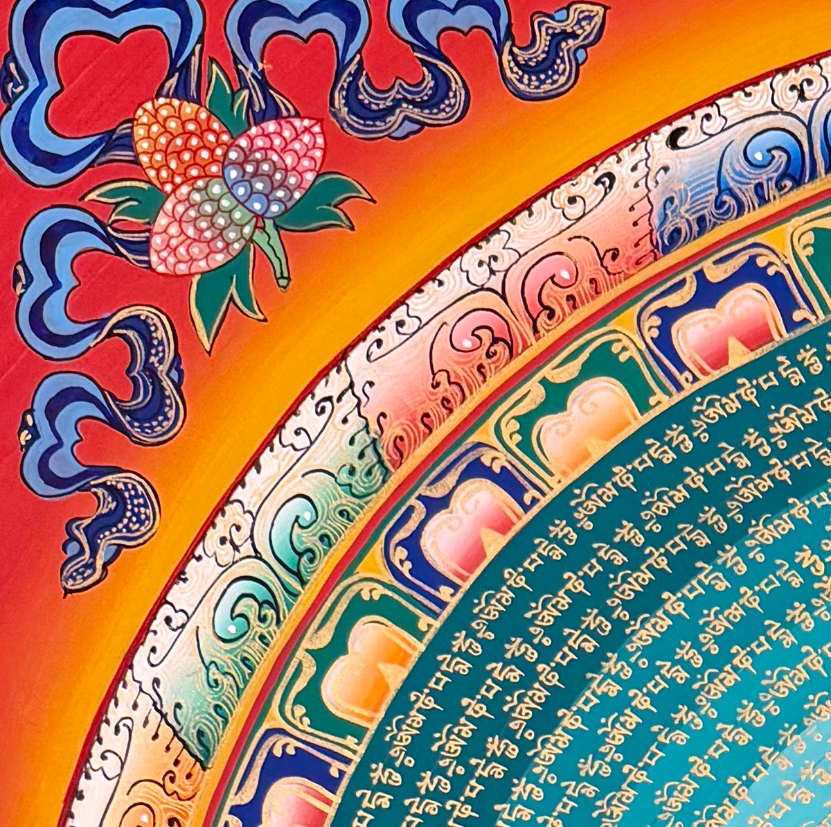 Mantra Mandala thangka, detail: top-left corner