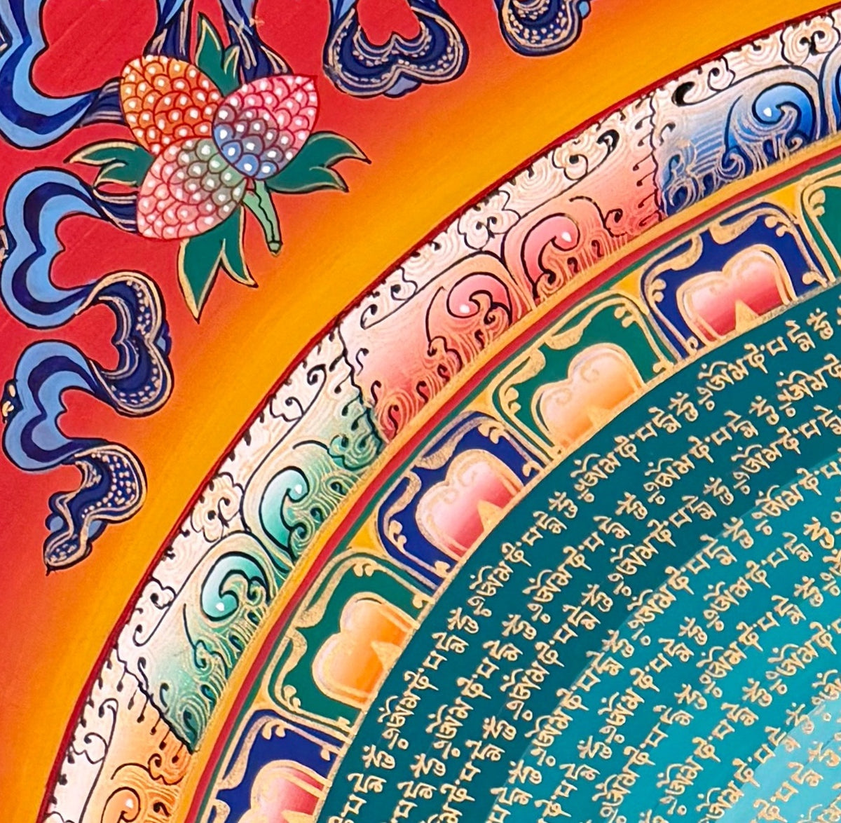 Mantra Mandala thangka, detail: top-left corner