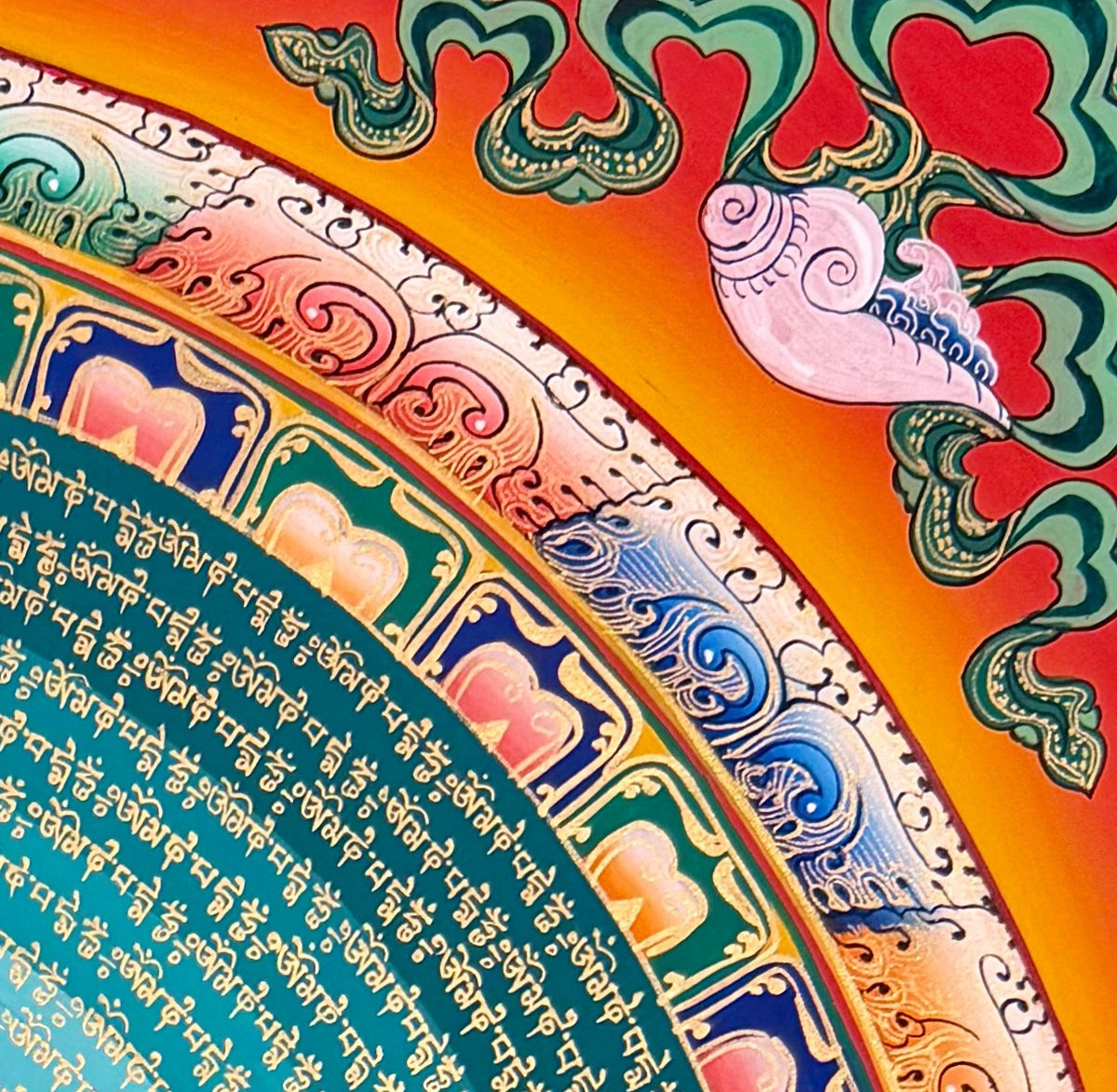 Mantra Mandala thangka, detail: top-right corner