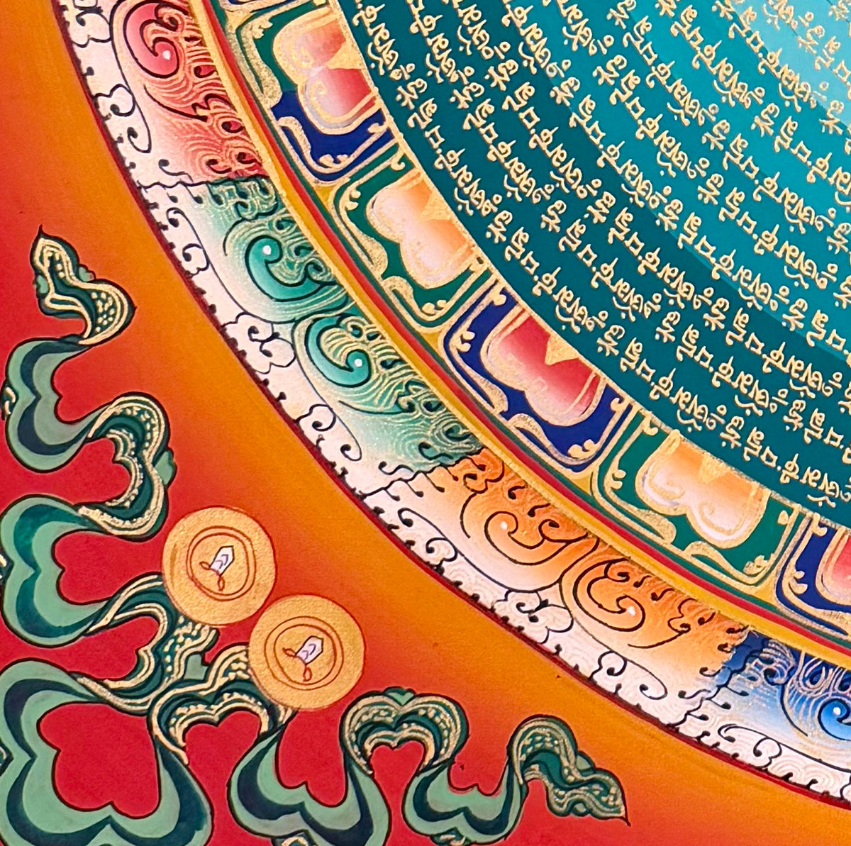Mantra Mandala thangka, detail: bottom-left corner