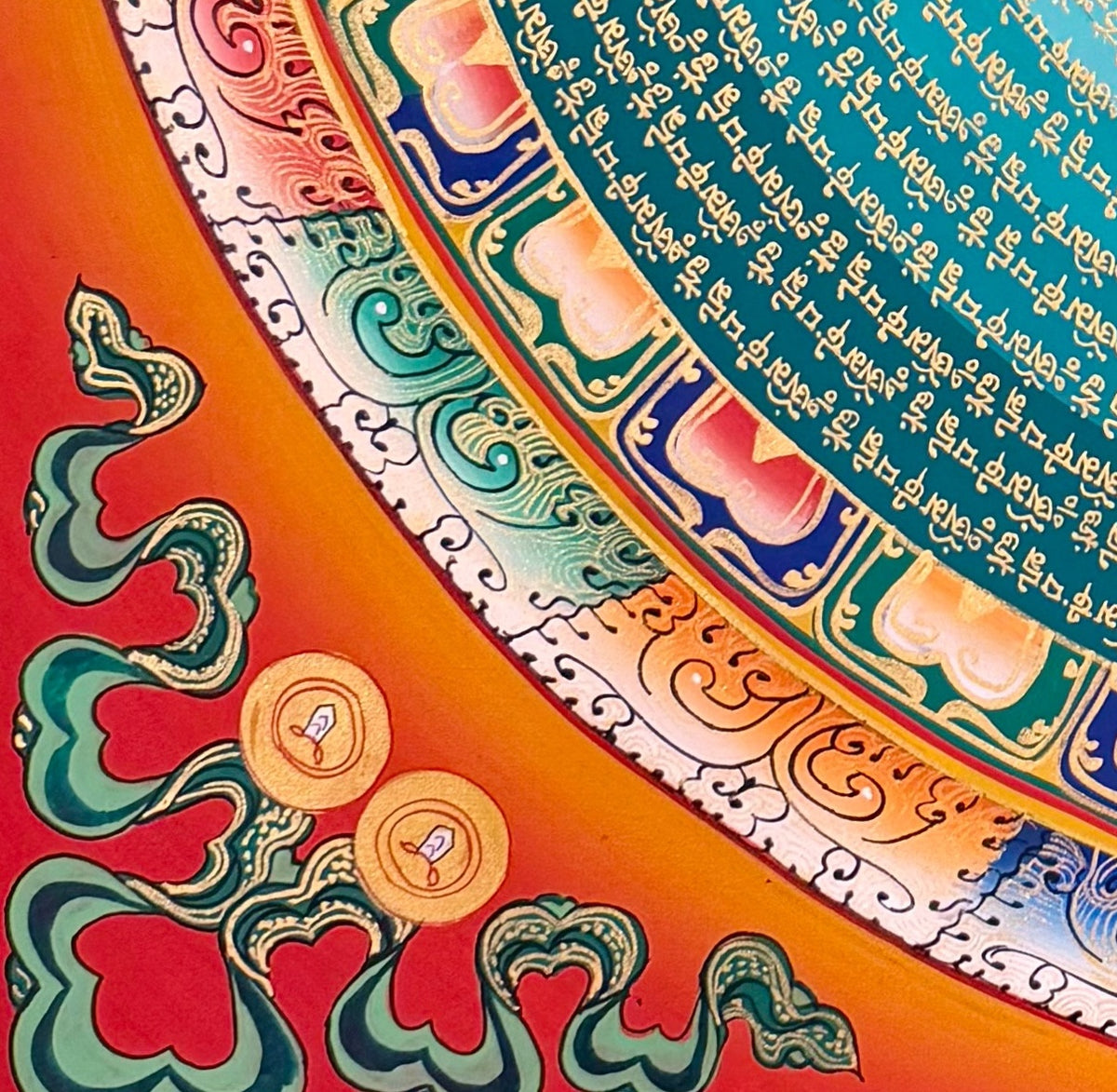 Mantra Mandala thangka, detail: bottom-left corner