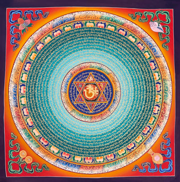 Mantra Mandala thangka, 77×77 cm: a mantra mandala with a six-pointed star around Om, on turquoise and teal, on orange