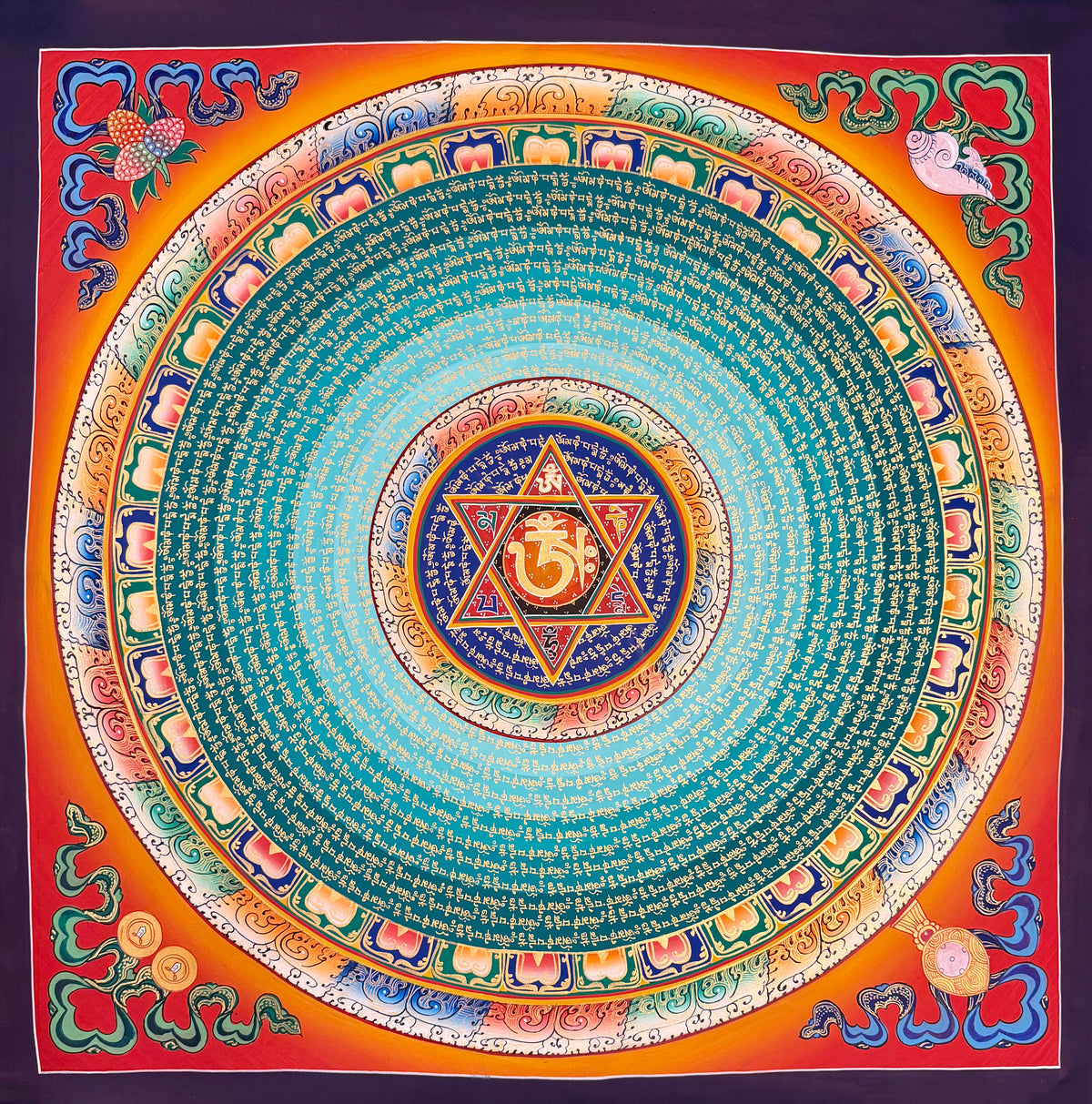 Mantra Mandala thangka, 77×77 cm: a mantra mandala with a six-pointed star around Om, on turquoise and teal, on orange