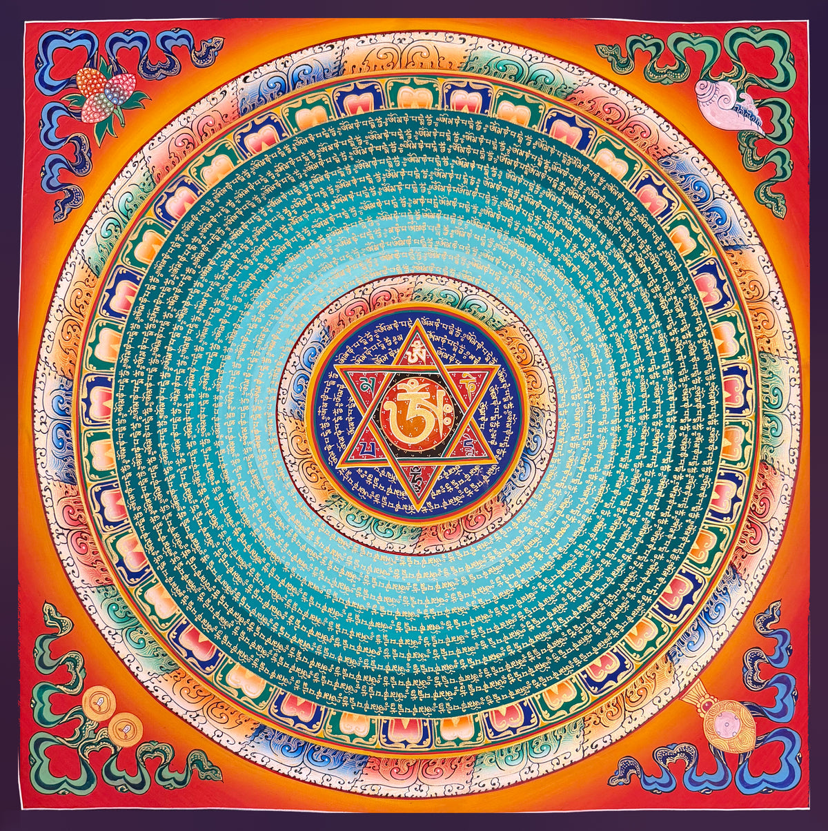 Mantra Mandala thangka, 77×77 cm: a mantra mandala with a six-pointed star around Om, on turquoise and teal, on orange