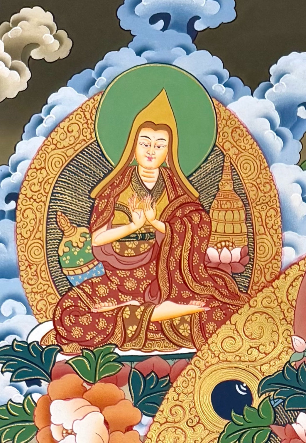 Tsongkhapa thangka, detail: top-left corner