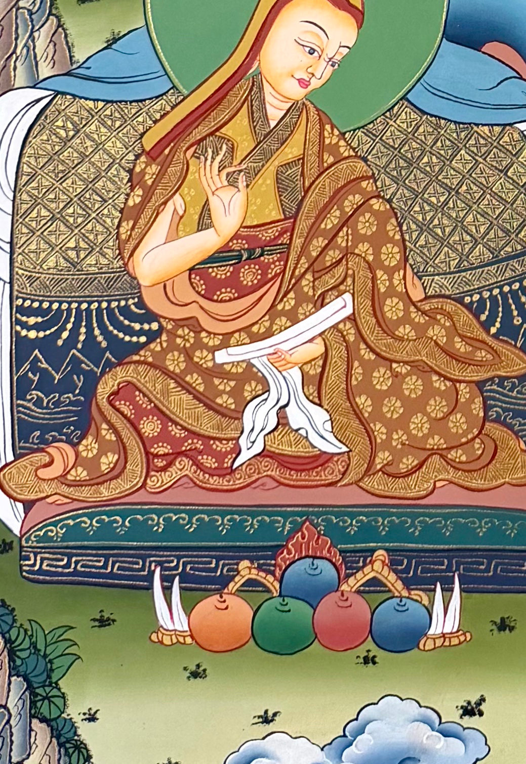Tsongkhapa thangka, detail: bottom-left corner