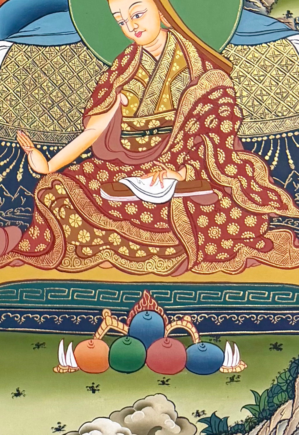 Tsongkhapa thangka, detail: bottom-right corner